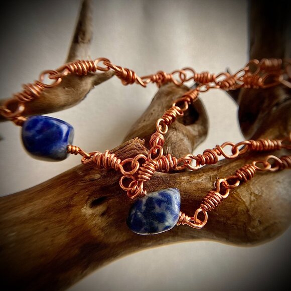 Copper chain links Lapis Lasuli Set of Two Bracelets, relationship gift - Picture 4 of 16